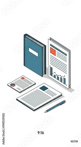 Vector illustration of office supplies and devices for business work.