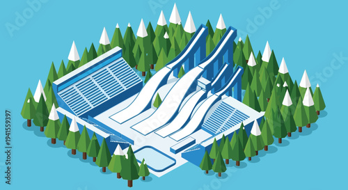 Isometric view of a winter sports complex featuring a ski jump and stadium depicted in a striking silhouette high quality professional