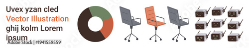 Business analysis, productivity, office setup, technology trends, work culture, data visualization. Office chairs, pie chart and retro radios. Business analysis and productivity
