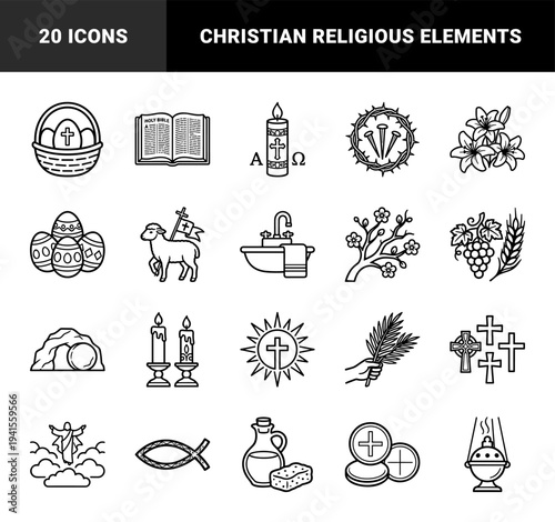 Easter and Christian religious symbols for church liturgical materials. Monoline black and white graphic elements featuring resurrection and holy week themes.