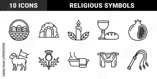 Easter holiday and Christian religious celebration symbols. Minimalist monoline pictograms for liturgical calendars, church events, and spiritual storytelling.