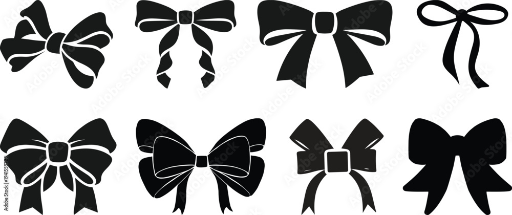 Naklejka premium Collection of twelve textured black ribbon bows in a grid layout for decorative purposes.Set of Twelve Black Ribbon Bow Illustrations on White Background, Gift Wrap Decoration Designs.
