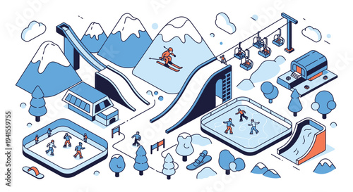 A colorful isometric illustration depicts a winter scene with skiers skaters and a mountain silhouette high quality professional detailed modern elegant
