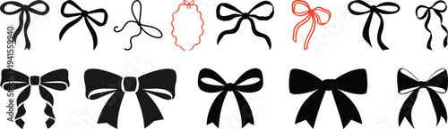 Collection of twelve textured black ribbon bows in a grid layout for decorative purposes.Set of Twelve Black Ribbon Bow Illustrations on White Background, Gift Wrap Decoration Designs.