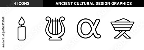 Religious and cultural symbols featuring candle, lyre, manger, and alpha sign. Bold monoline outline graphics for spiritual education and liturgical publishing.