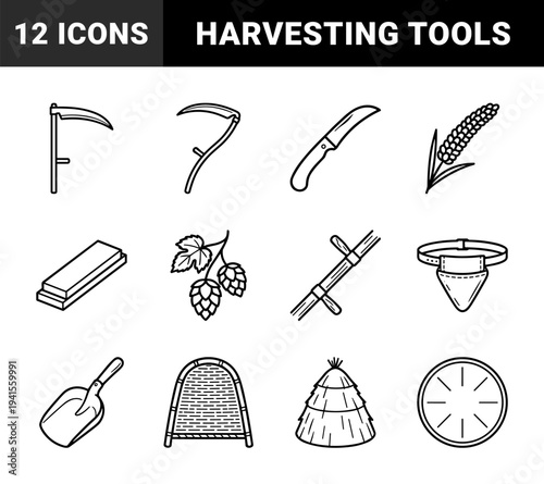 Traditional harvesting tools and agricultural heritage elements. Monoline black and white pictograms featuring scythes, grain, and rural farming equipment.