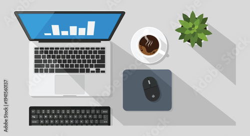 A flat lay depicting a laptop coffee cup plant and mouse showcasing a modern workspace arrangement silhouette high quality professional detailed