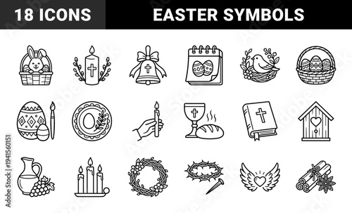 Easter holiday and Christian religious celebration elements. Minimalist monoline bold stroke pictograms featuring resurrection symbols and spring traditions.
