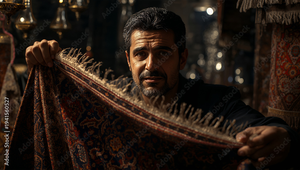 Fototapeta premium 暗い屋台に浮かぶ絨毯模様と交渉の視線、中東30代男が商談する映画的バザール