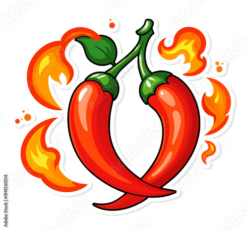 Hot Red Chili Pepper with Fire Flames Cartoon Vector Design.