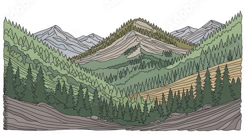 Scenic Mountain Landscape with Forest and Valleys.
