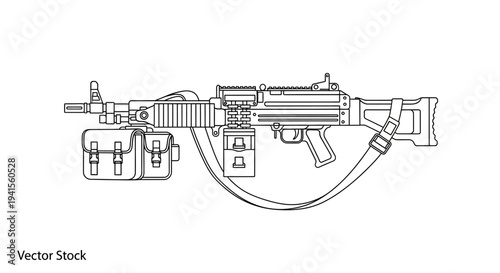 Line Art Illustration of a Modern Machine Gun with Ammunition Box and Sling