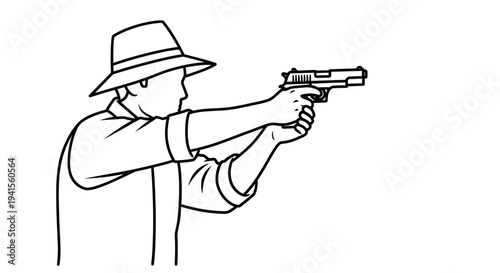 Man in Hat Aiming Pistol, Shooting, Target Practice, Silhouette, Action