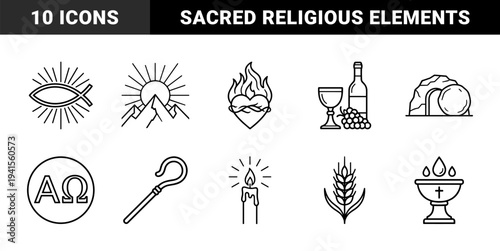 Christian religious symbols and liturgical elements for spiritual branding. Minimalist monoline pictograms featuring sacred heart, eucharist, and resurrection concepts.