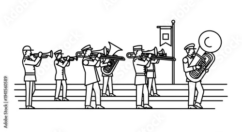 Marching Band Performance: Musicians in Uniform Playing Brass Instruments Outdoors