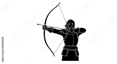 Medieval Archer in Full Armor Aiming Bow and Arrow, Black and White Silhouette