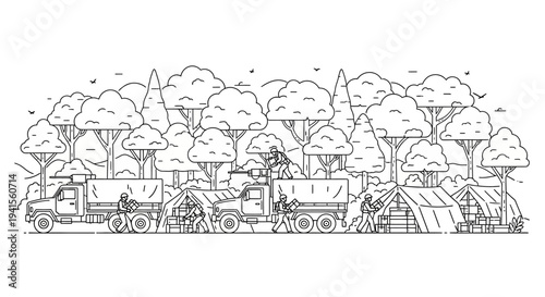 Military Camp Setup: Trucks, Tents, Soldiers in Forest - Line Art Illustration