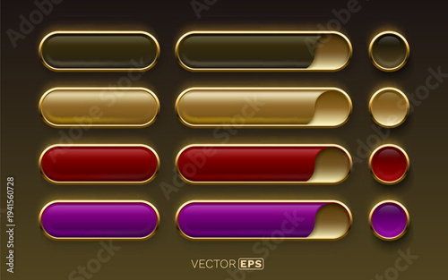 Set of elegant glossy gold-framed buttons and sliders in various colors.