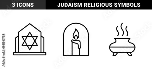 Judaism religious symbols and mourning rituals for funeral services. Technical monoline graphics of David star, memorial candle, and incense burner.