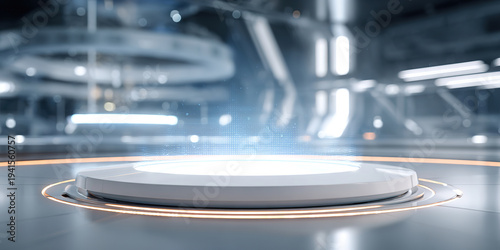 Technological futuristic metallic luminous indoor space product booth
