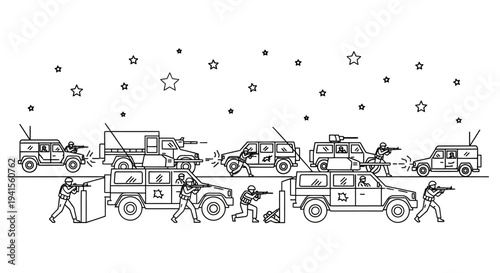 Military convoy in action, soldiers and vehicles in combat scene, war illustration
