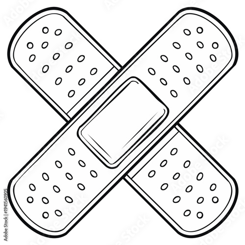 Two Adhesive Bandages Crossed Over Each Other in a Simple Outline Illustration