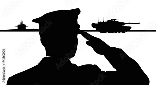 Military Salute Silhouette: Soldier, Tank, Submarine - Symbol of Defense and Power