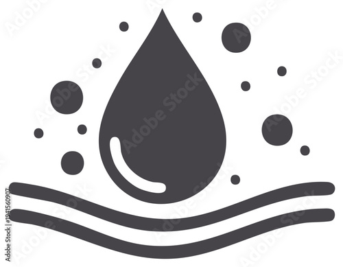 Water drop with waves and bubbles in black and white vector graphic