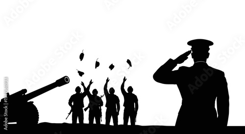 Military Salute Silhouette: Soldiers Honoring Fallen Comrades with Cannon and Falling Leaves