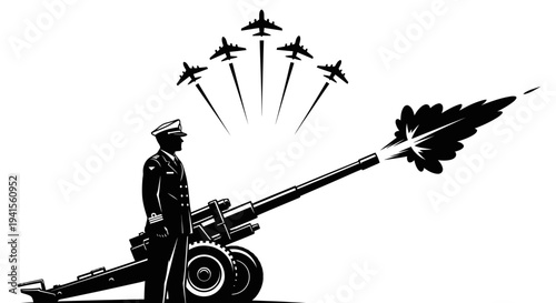 Military Salute: Soldier, Artillery Gun, and Fighter Jets in Formation