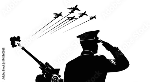 Military Salute: Soldier, Artillery, and Fighter Jets in Formation