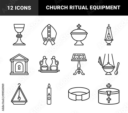Catholic liturgical vessels and ecclesiastical vestments for religious ceremony design. Minimalist monoline symbols featuring chalice, mitre, and thurible.