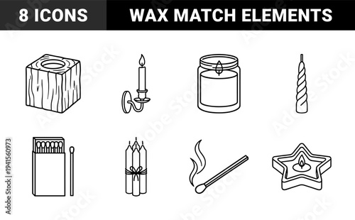 Candlelight and fire lighting elements for home decor and aromatherapy branding. Minimalist monoline sketches featuring wax tapers, matches, and votives.