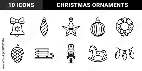 Christmas holiday season and winter celebration symbols featuring festive ornaments. Minimalist monoline black and white graphics for seasonal greeting cards and decorative branding.
