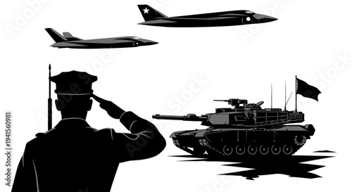 Military Salute: Soldier, Tank, and Fighter Jets in Silhouette