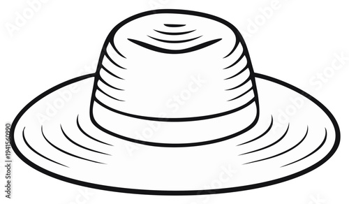 Stylized Line Art of a White Sun Hat with Band. Overhead View. Summer Headwear. Elegant, Relaxed Fashion Accessory. Casual Style in Simple Drawing