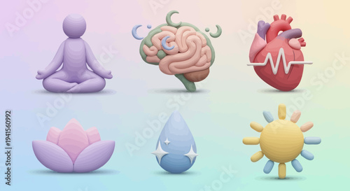 Claymorphism Wellness Icons Vector Soft 3D Meditation Brain and Lotus for Mental Health Apps