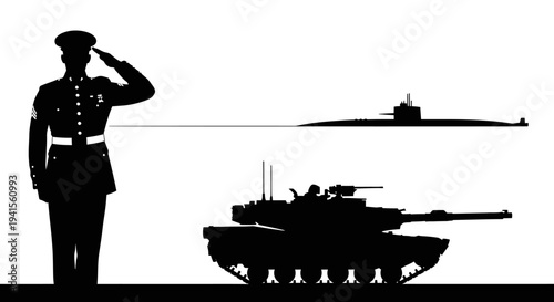 Military Salute: Soldier, Tank, and Submarine Silhouette - Power and Defense
