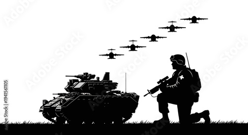 Military Soldier and Tank Silhouette with Airplanes Formation