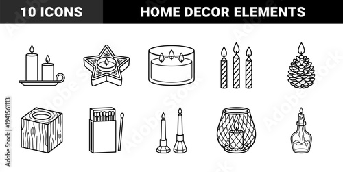 Cozy candle lighting and aromatherapy line art elements for interior design. Monoline black and white graphics featuring wax candles, matches, and decorative holders.