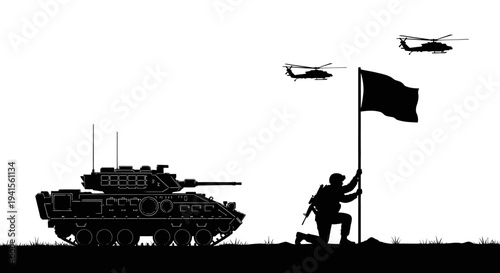 Military Soldier Raising Flag Beside Tank and Helicopters, Silhouette of Victory and Patriotism