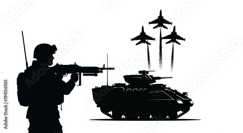 Military Soldier with Rifle, Armored Vehicle, and Fighter Jets in Silhouette