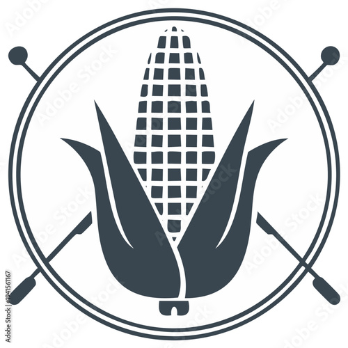 Corn cob emblem with crossed skewers and circular border