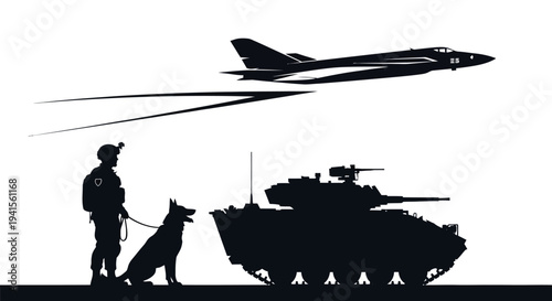 Military Soldier, Guard Dog, Tank, and Fighter Jet Silhouette