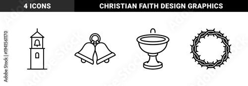 Christian religious symbols and liturgical elements for church branding. Minimalist monoline church bells, belfry tower, baptismal font, and crown of thorns.