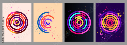 Vector illustration. Abstract vibrant brush stroke circles and ink splatters. Modern artistic grunge design elements for poster, book or magazine cover, brochure, leaflet, advertising, invitation