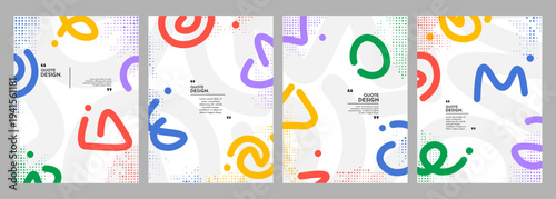 Vector illustration. Abstract vibrant color background set. Cool bright wallpapers with doodle line shapes and halftone dots. Design elements for book cover, brochure, magazine, flyer, booklet