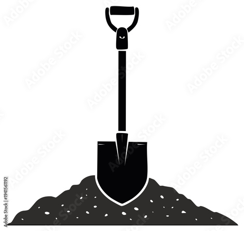 Black silhouette of a spade digging into a pile of soil for garden work or construction
