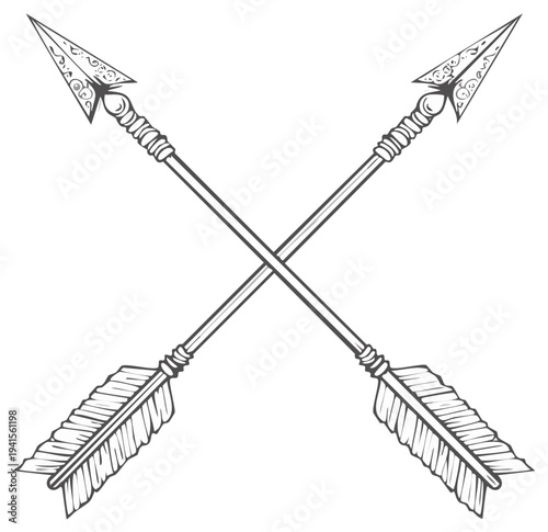 Vintage illustration of two crossed arrows with ornate arrowheads and traditional feather fletching