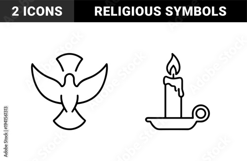Religious spirituality and faith symbols for ecclesiastical design. Minimalist monoline pictograms featuring a lit candle and descending holy spirit dove.